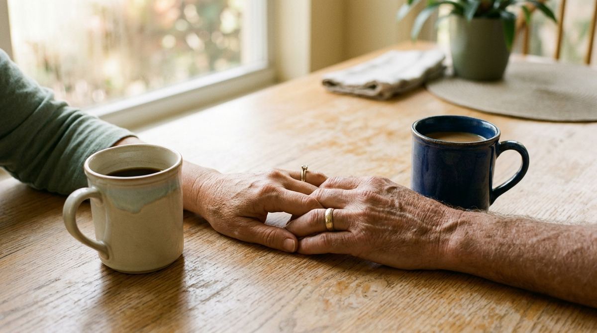 A couple holding hands on a kitchen table beside two coffee mugs