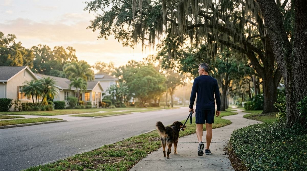 A man walking his dog on a Tampa sidewalk lined with live oaks at sunrise