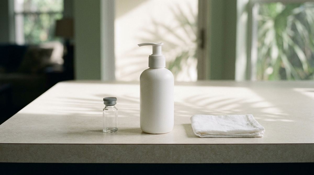 A small unlabeled vial, a plain pump bottle and a folded cloth on a sunlit counter