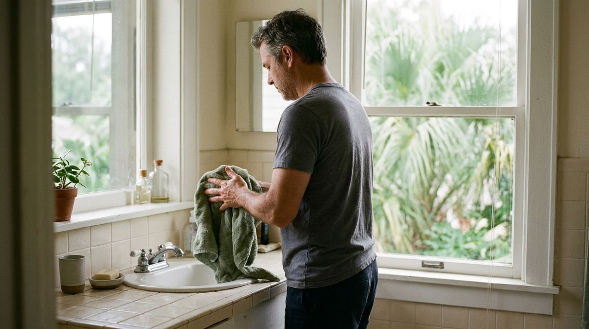 A man drying his hands at a bright bathroom sink in the morning