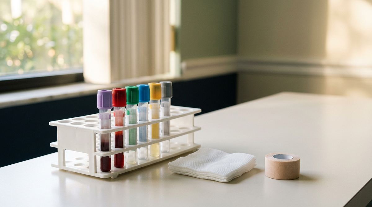 Blood sample tubes in a rack on a clean counter, ready for a testosterone lab panel
