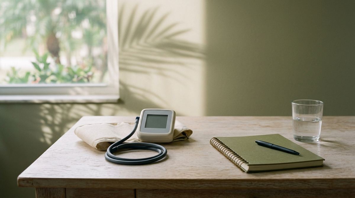 A blood pressure cuff, notebook and pen on a desk, for ongoing health monitoring