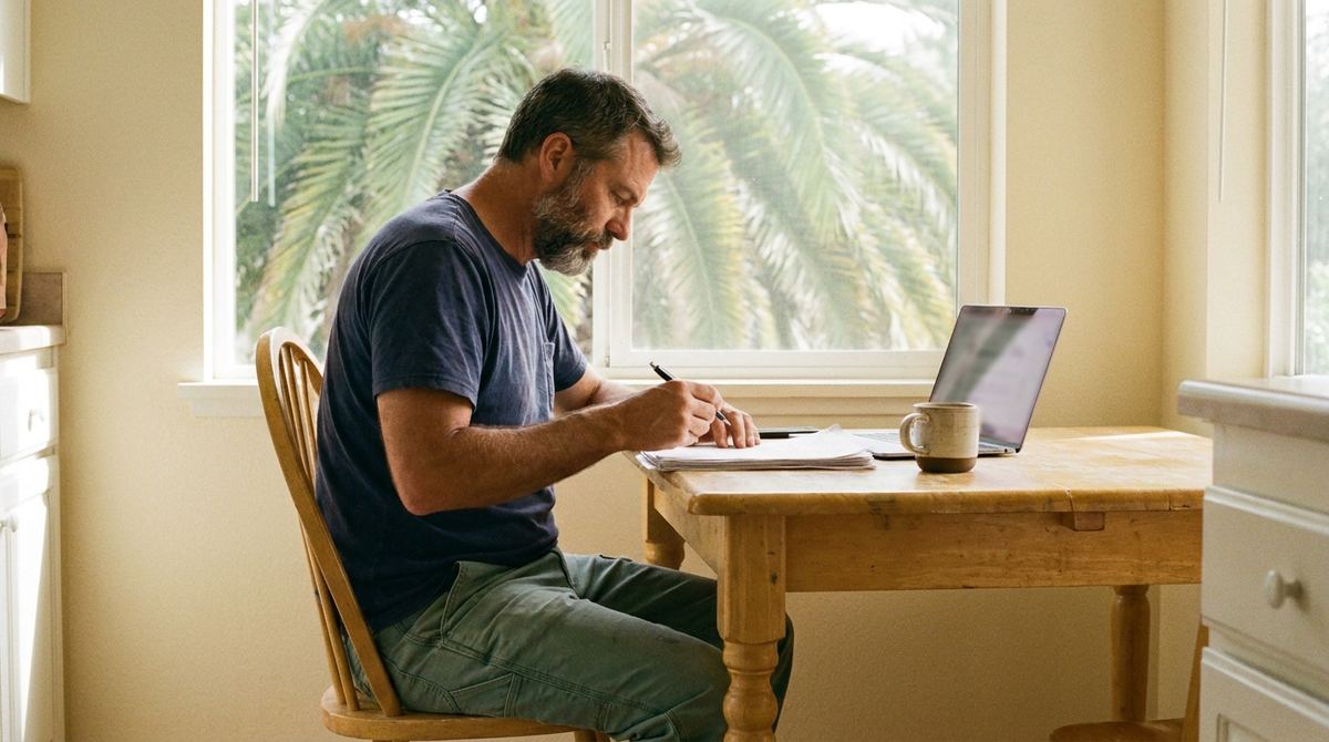 A man at a kitchen table reviewing printed paperwork and notes