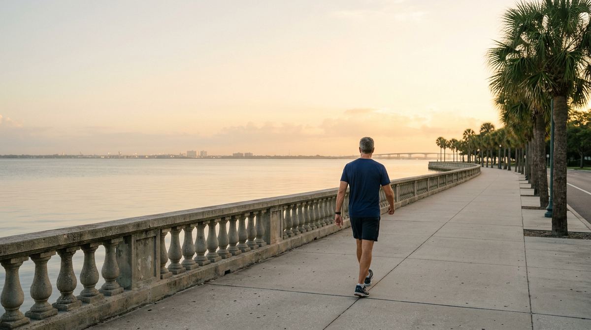 A man walking along a Tampa Bay waterfront seawall at sunrise