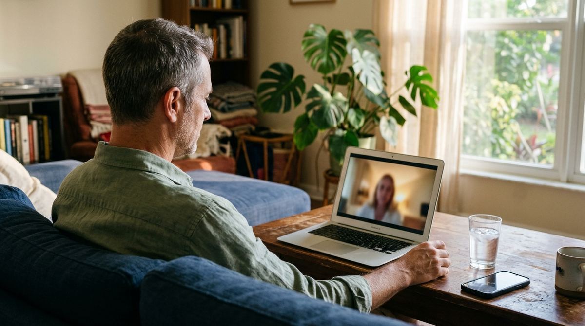 A man at home on a video visit with a clinician on his laptop