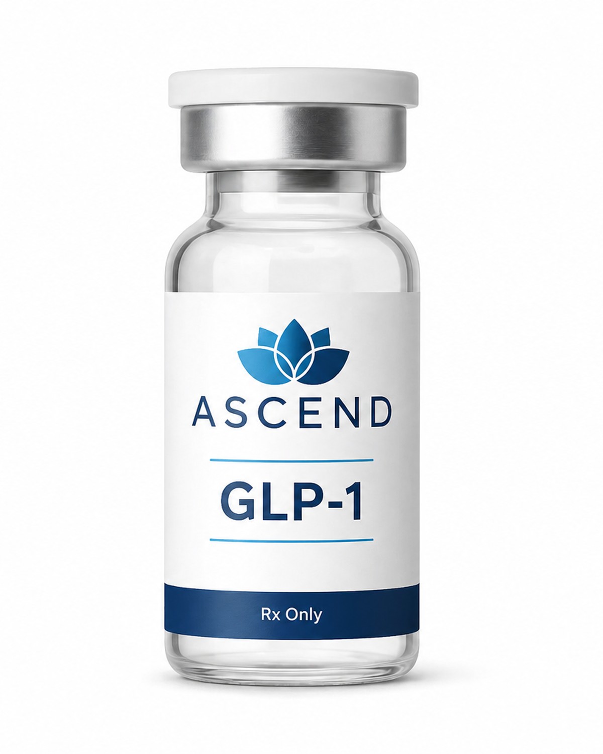 An Ascend Mind and Body branded GLP-1 medication vial on a clean white background, representing medically-supervised GLP-1 weight loss programs.