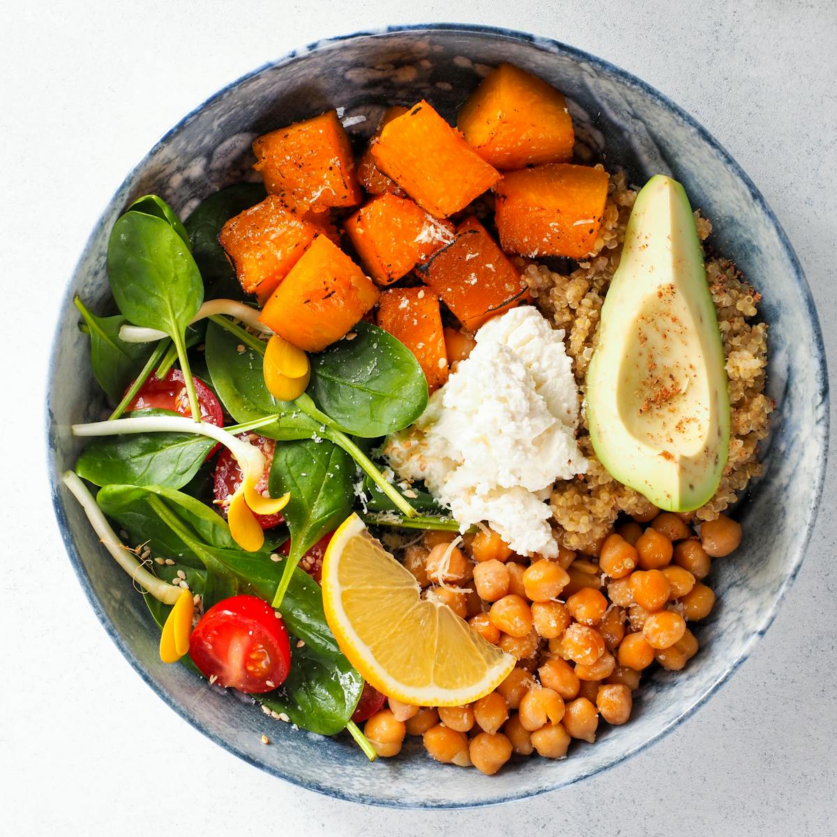 A colorful, balanced meal bowl, representing the nutrition habits that support long-term GLP-1 weight-loss results.